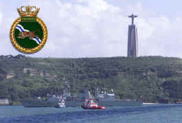 Freddy coming in the Port of Lisbon. Statue of Jesus in background.